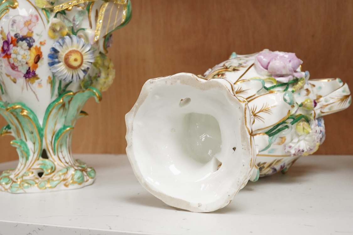 A near pair of English porcelain flower encrusted vases, c.1830, possibly Coalbrookdale, 21cm high